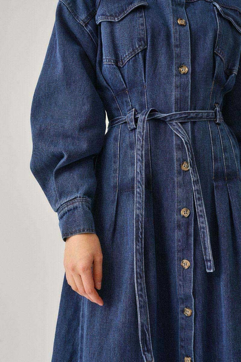 Korse Bel Denim Elbise Siyah
