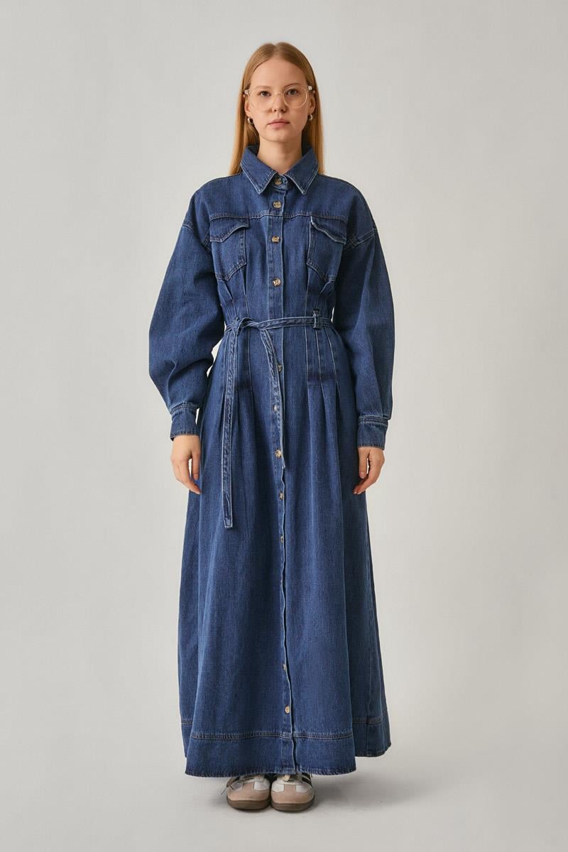 Korse Bel Denim Elbise Siyah