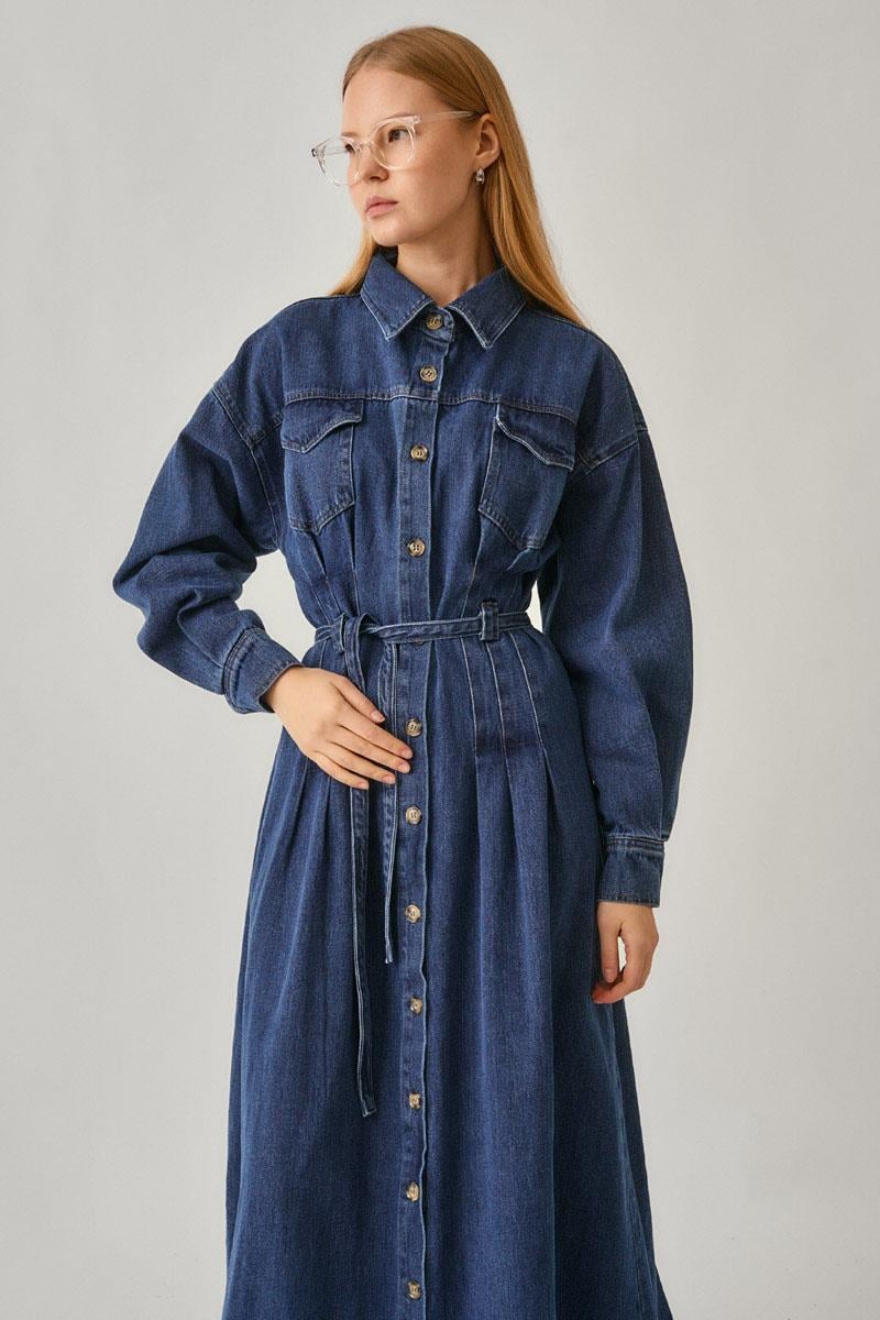 Korse Bel Denim Elbise Siyah