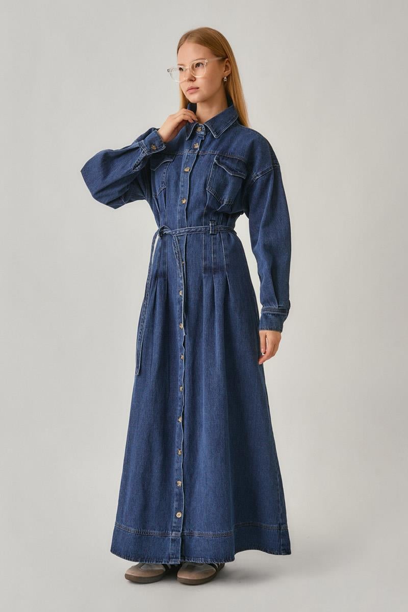 Korse Bel Denim Elbise Siyah