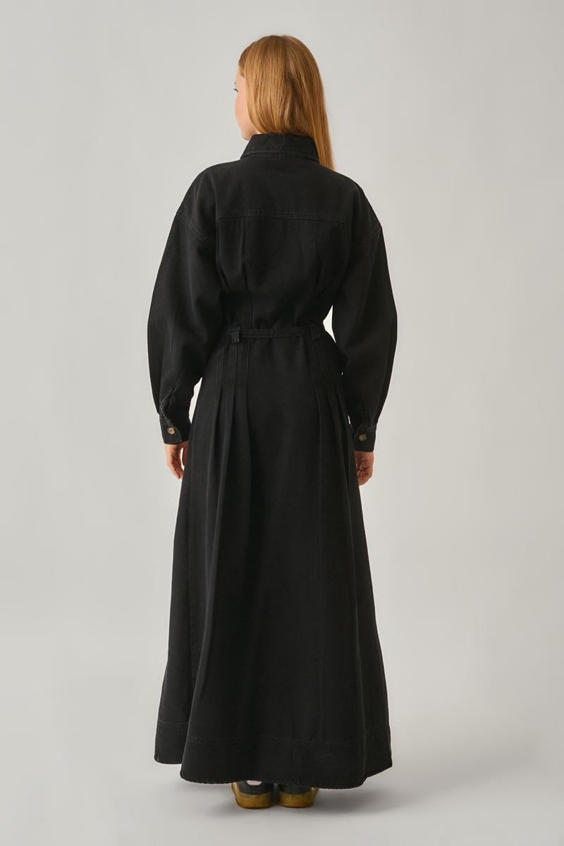 Korse Bel Denim Elbise Siyah