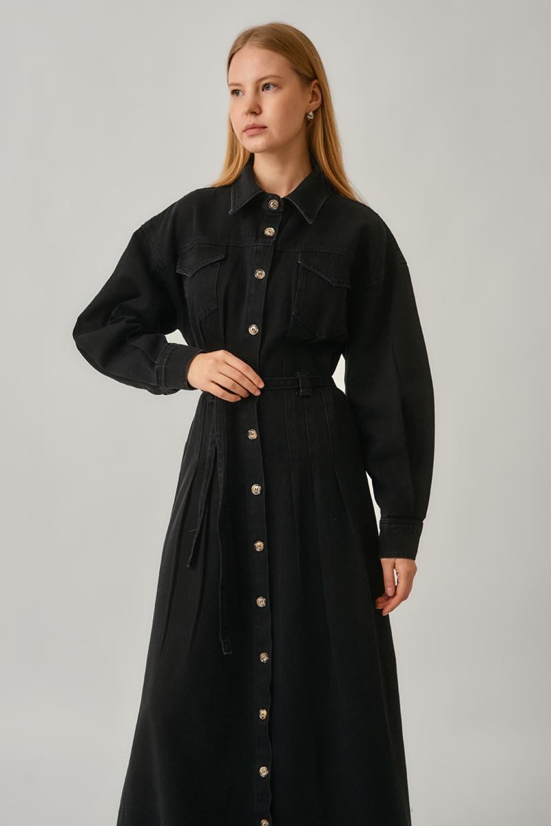 Korse Bel Denim Elbise Siyah