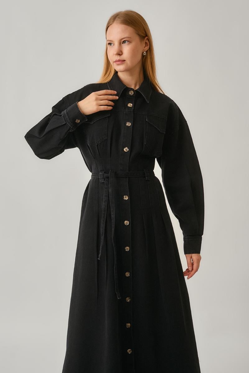 Korse Bel Denim Elbise Siyah
