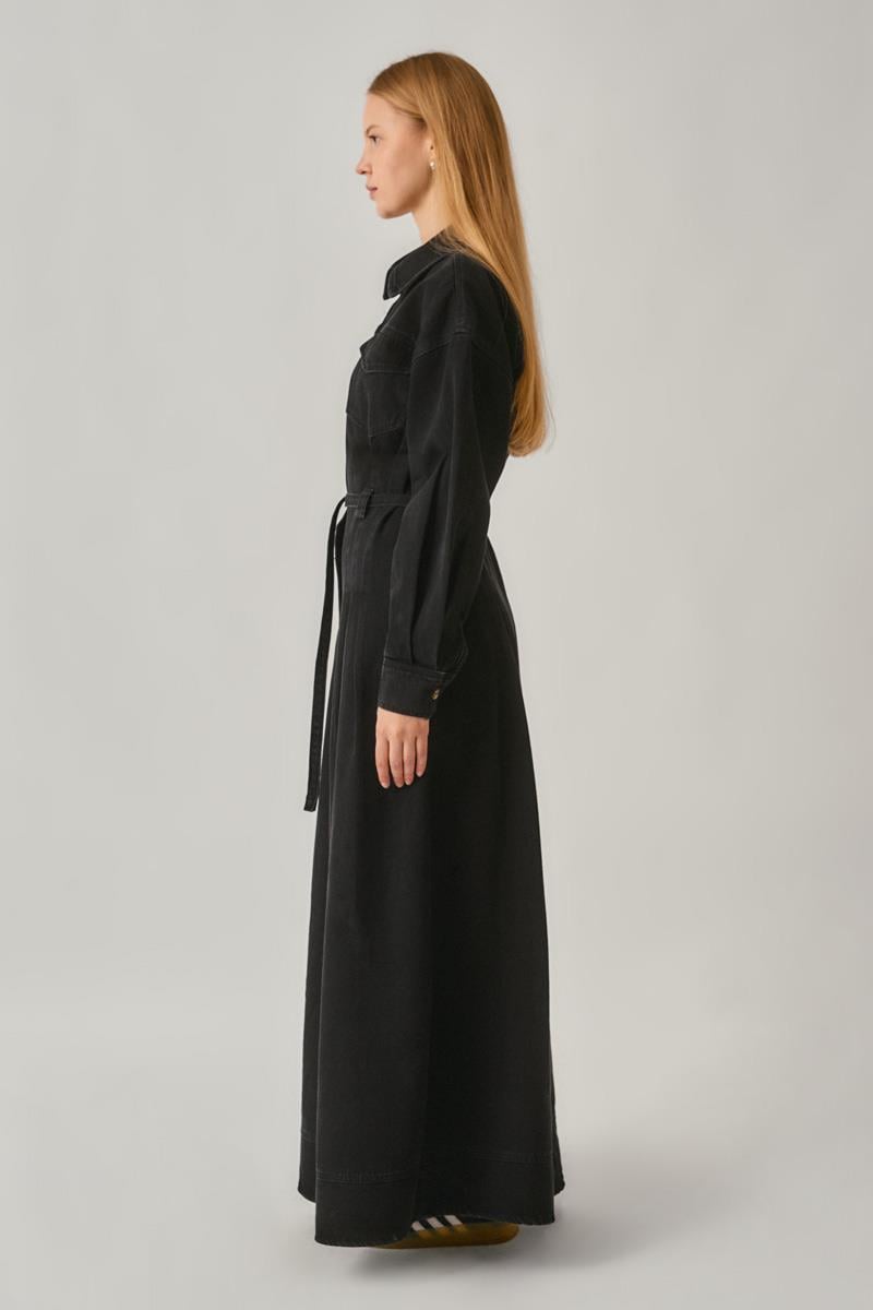 Korse Bel Denim Elbise Siyah