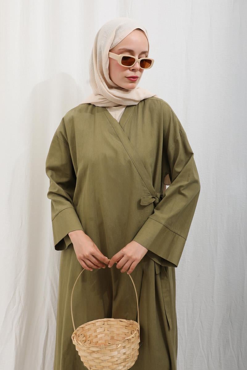 Kruvaze Bağlamalı Abaya Haki