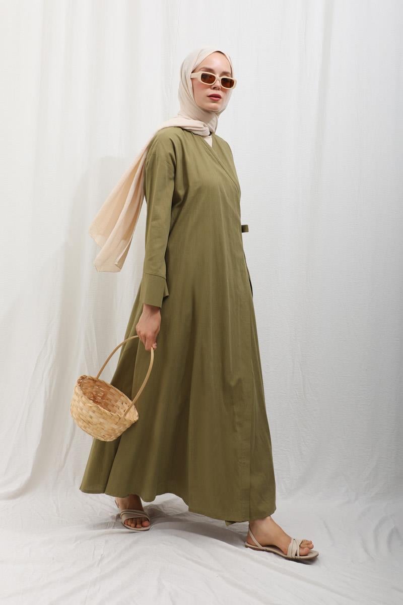 Kruvaze Bağlamalı Abaya Haki