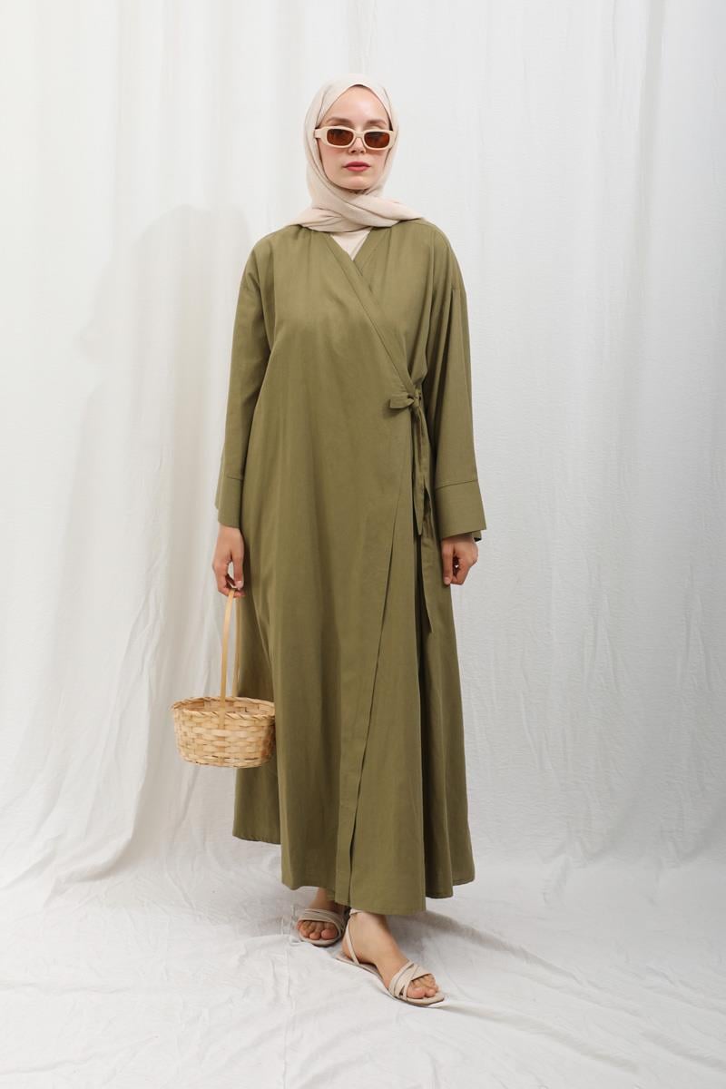 Kruvaze Bağlamalı Abaya Haki