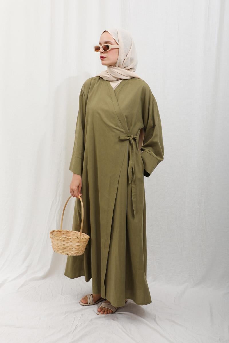 Kruvaze Bağlamalı Abaya Haki