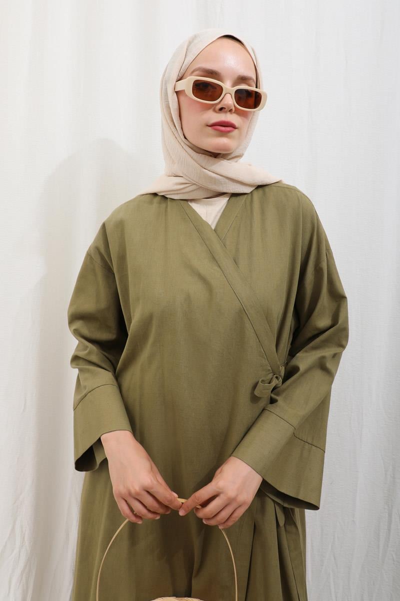 Kruvaze Bağlamalı Abaya Haki