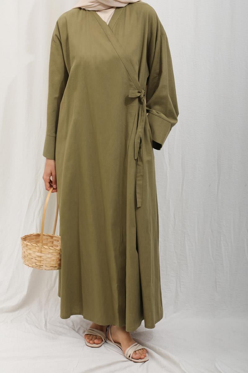 Kruvaze Bağlamalı Abaya Haki