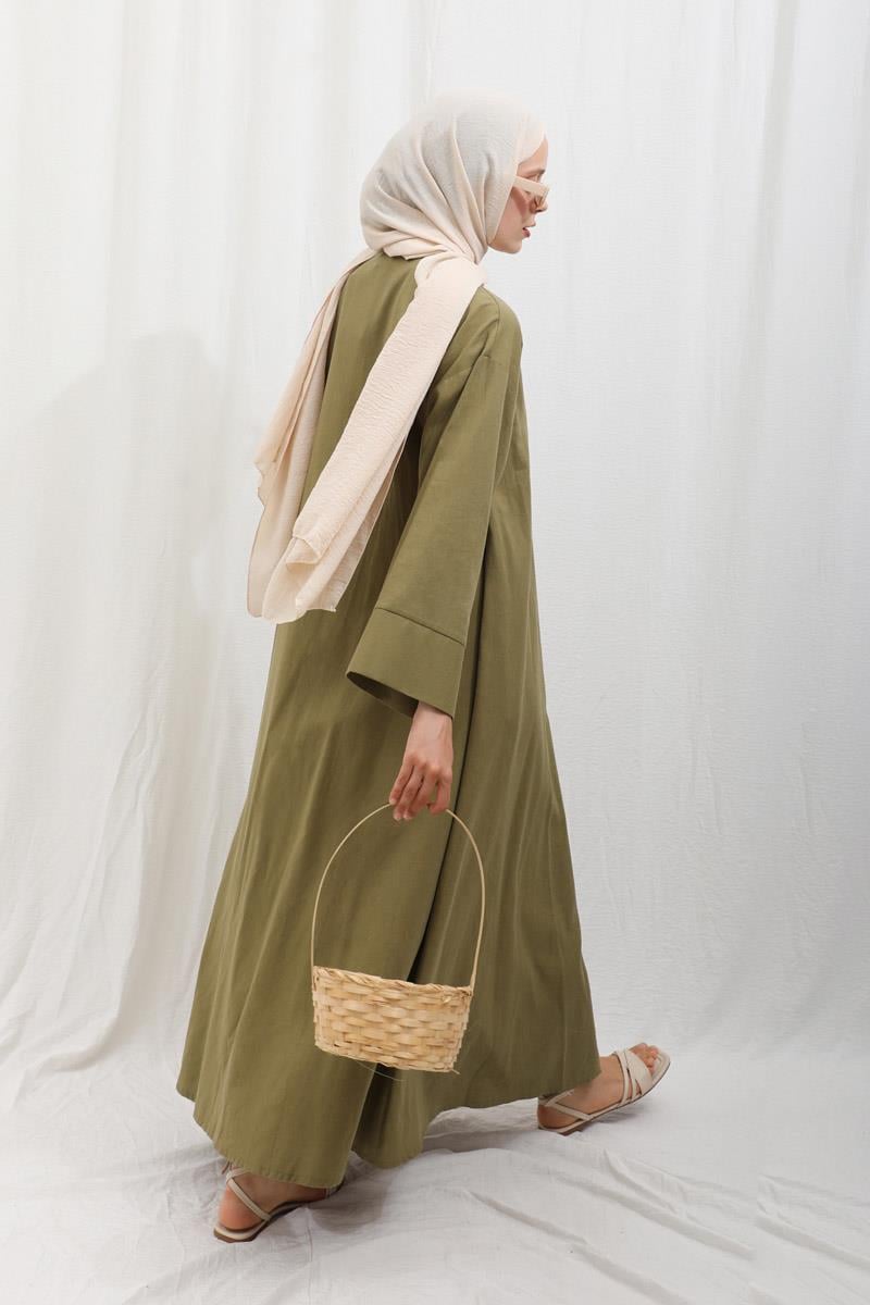 Kruvaze Bağlamalı Abaya Haki