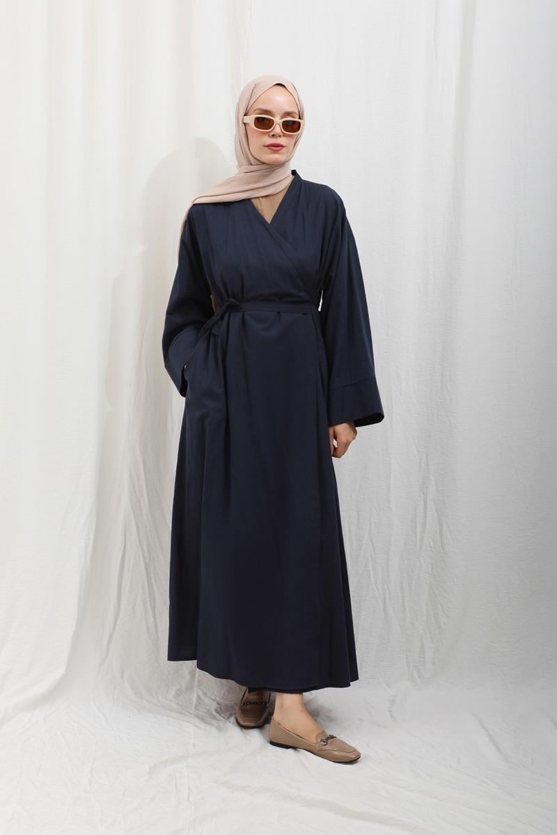 Kruvaze Bağlamalı Abaya Lacivert