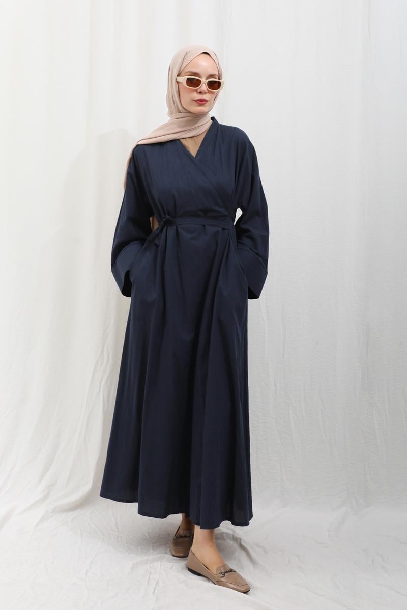 Kruvaze Bağlamalı Abaya Lacivert