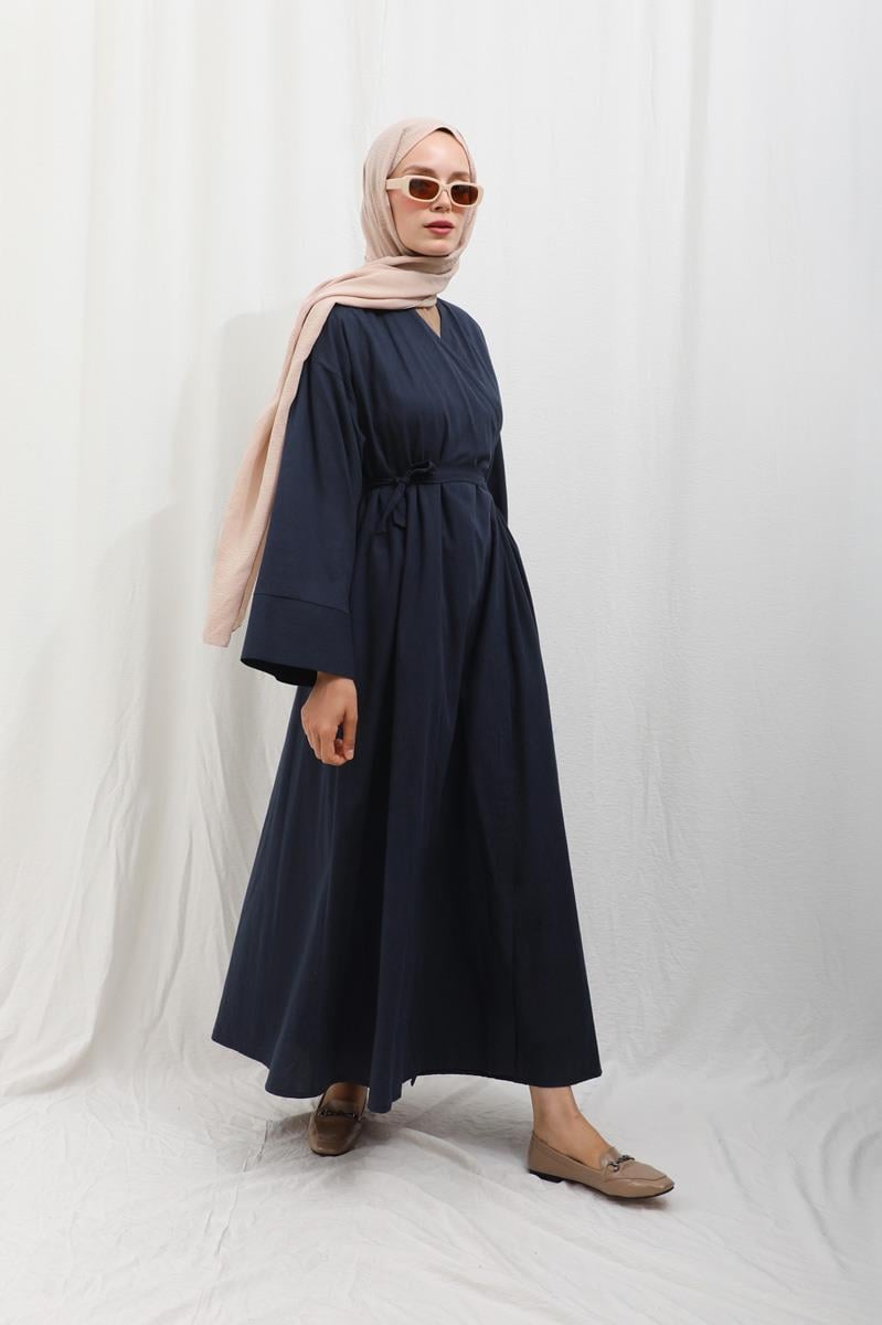Kruvaze Bağlamalı Abaya Lacivert