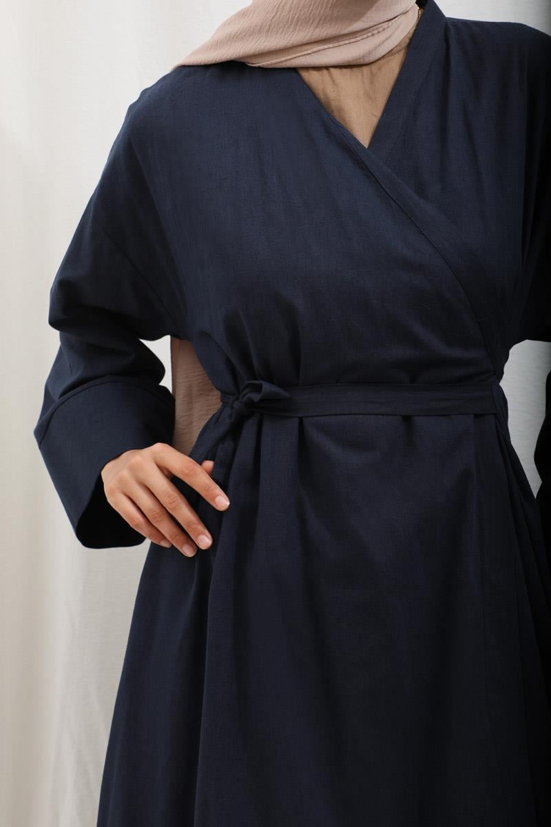 Kruvaze Bağlamalı Abaya Lacivert