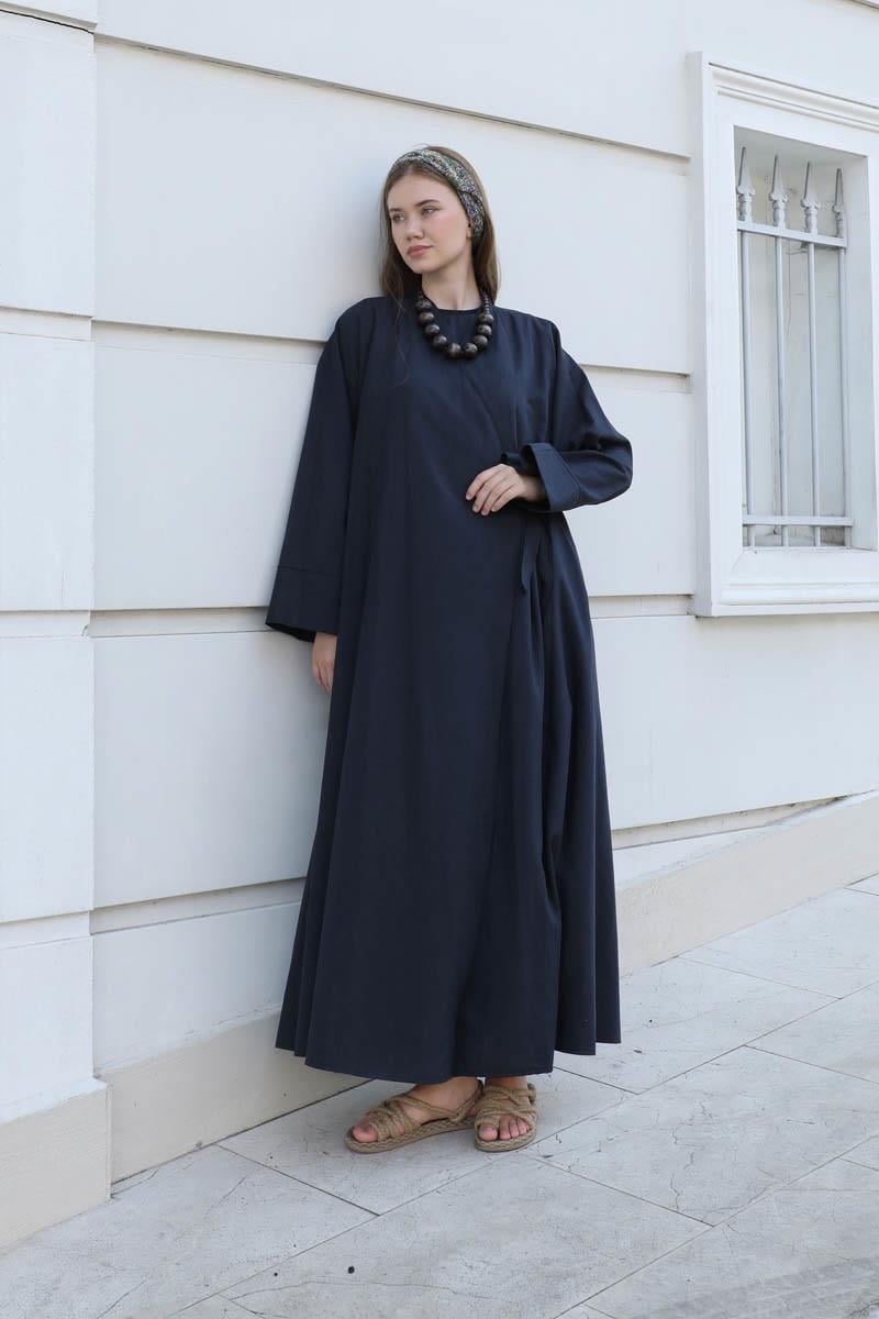 Kruvaze Bağlamalı Abaya Lacivert