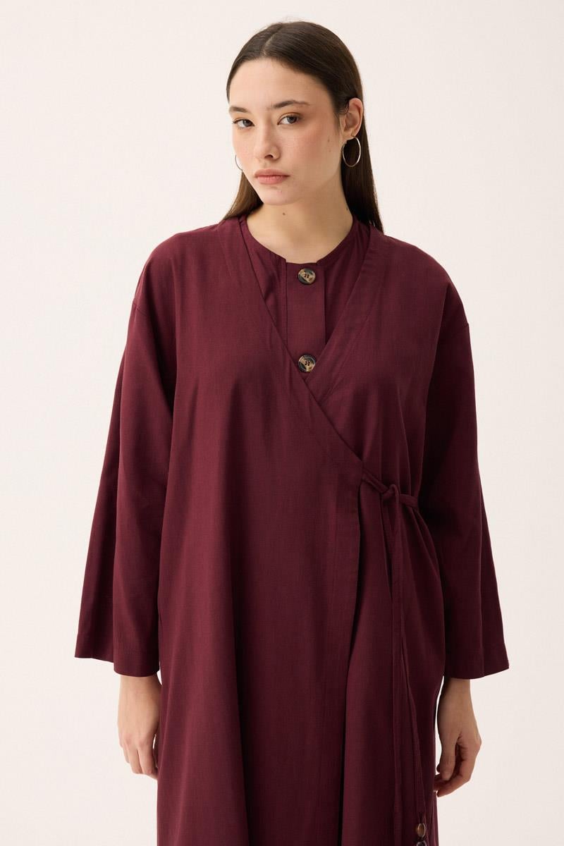 Kruvaze Dehna Abaya Takım Bordo