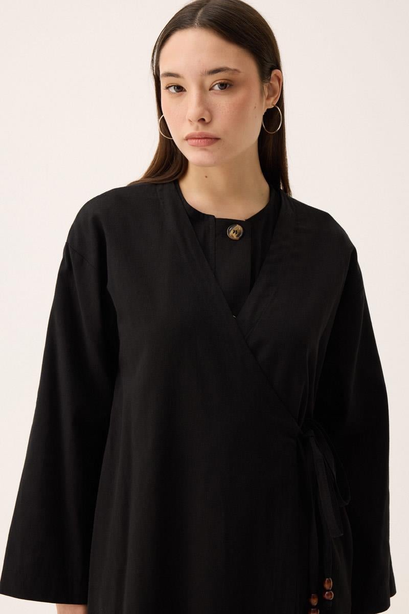 Kruvaze Dehna Abaya Takım Siyah