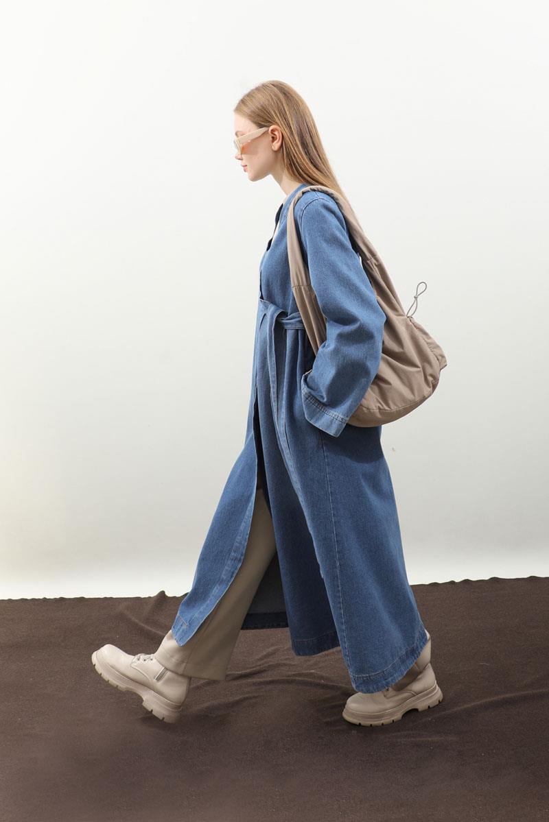 Kruvaze Denim Trençkot Açık Mavi