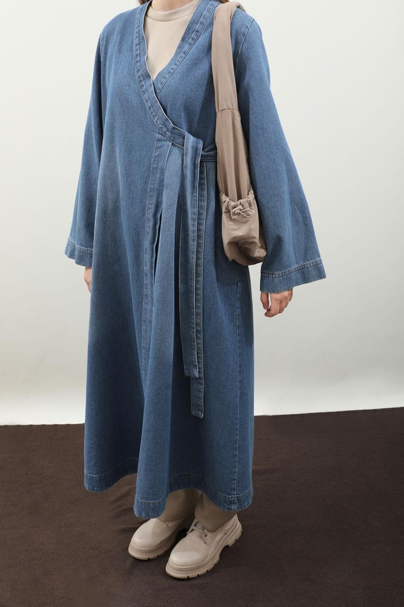 Kruvaze Denim Trençkot Açık Mavi