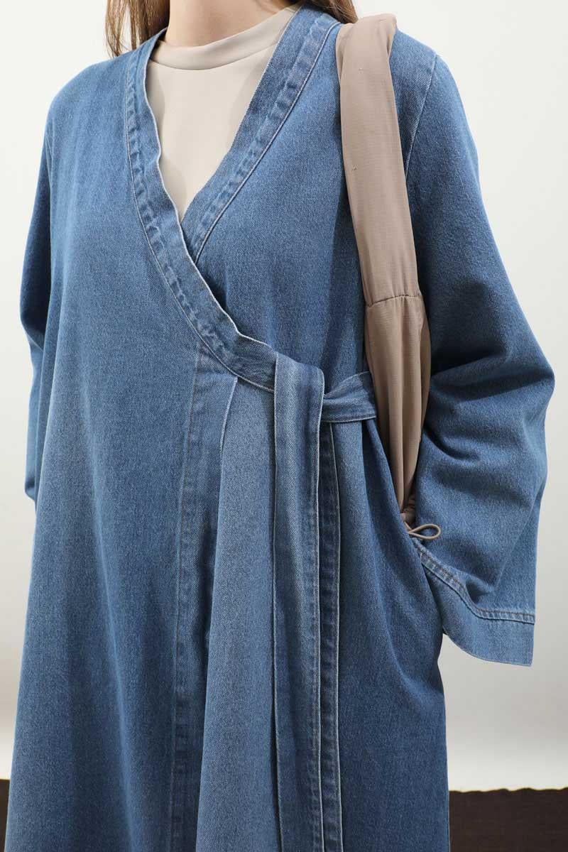 Kruvaze Denim Trençkot Açık Mavi