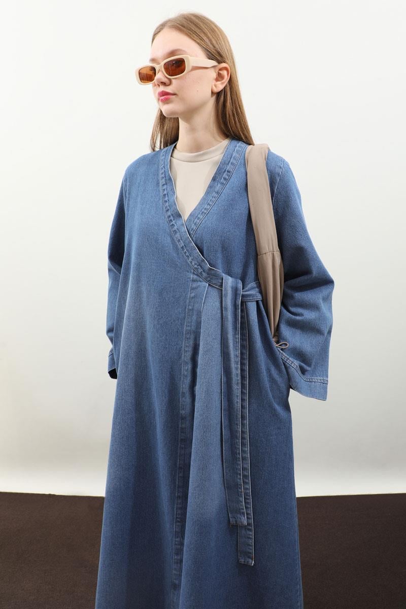 Kruvaze Denim Trençkot Açık Mavi