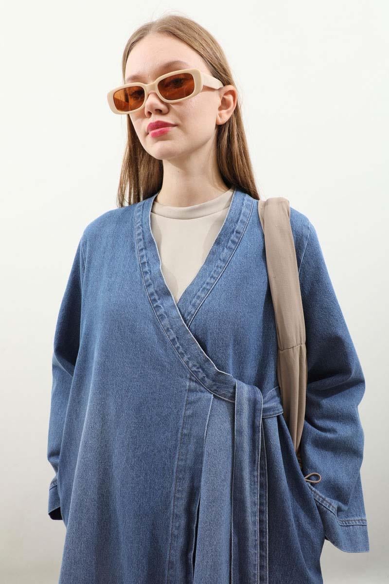 Kruvaze Denim Trençkot Açık Mavi