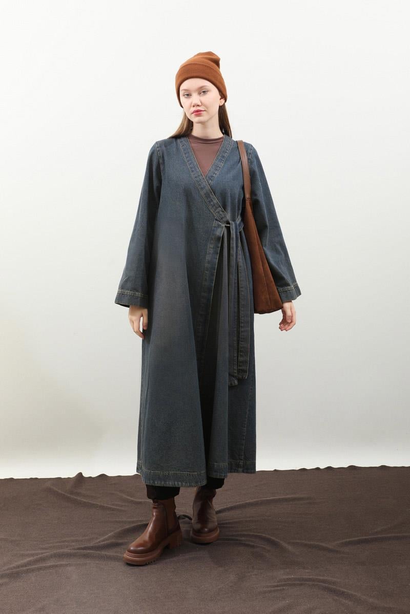 Kruvaze Denim Trençkot Koyu Mavi