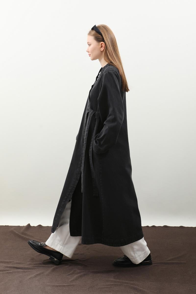 Kruvaze Denim Trençkot Siyah