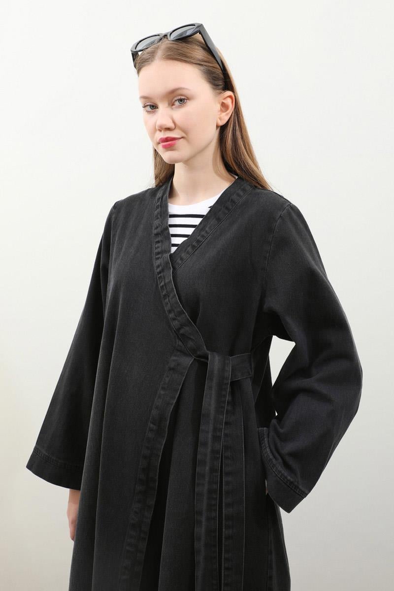 Kruvaze Denim Trençkot Siyah