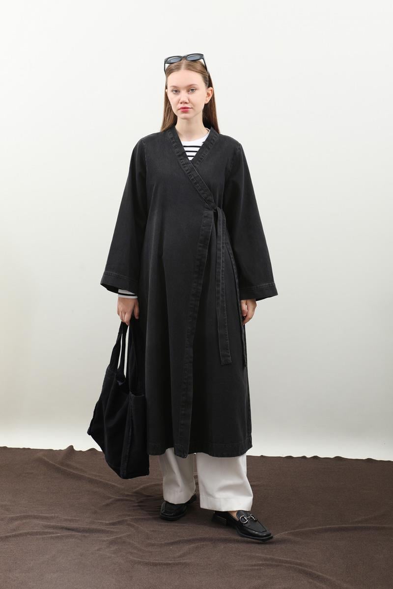 Kruvaze Denim Trençkot Siyah