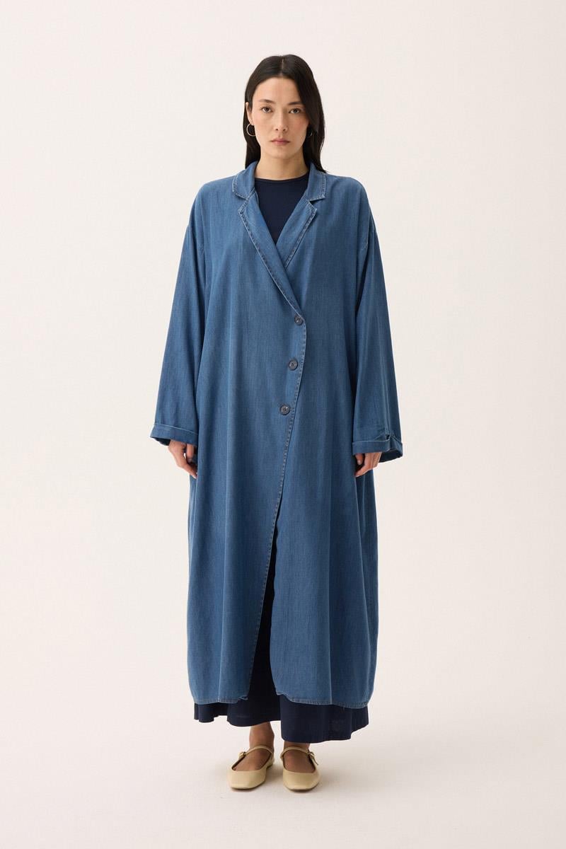 Kruvaze Düğmeli Denim Kap Açık Mavi