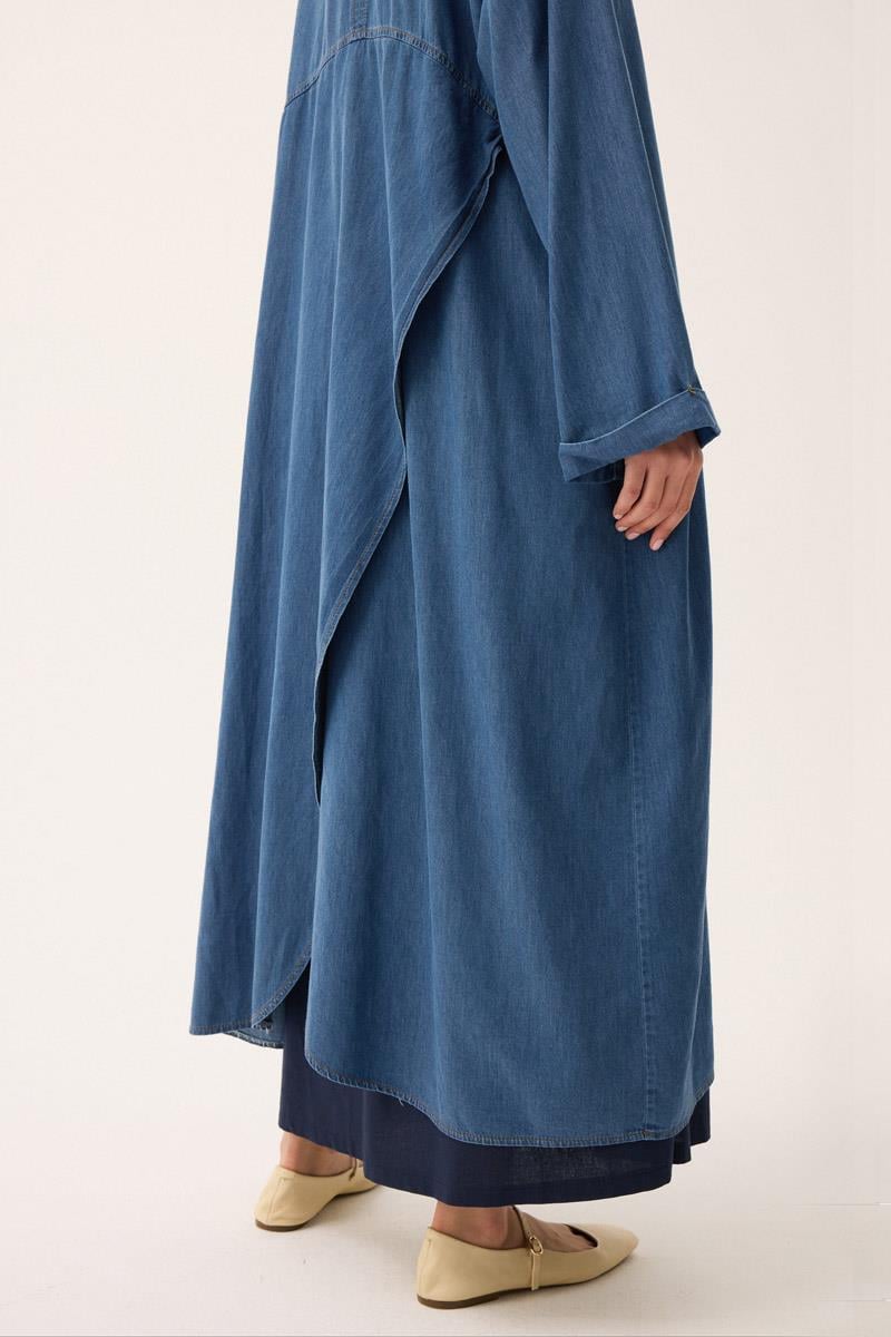 Kruvaze Düğmeli Denim Kap Açık Mavi