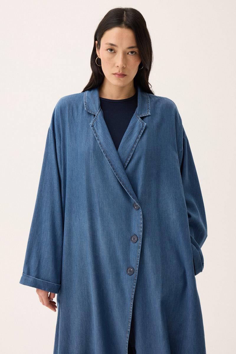 Kruvaze Düğmeli Denim Kap Açık Mavi