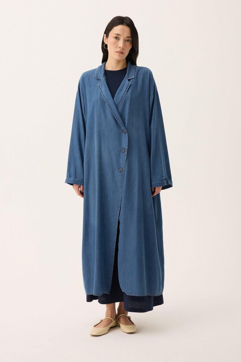 Kruvaze Düğmeli Denim Kap Açık Mavi