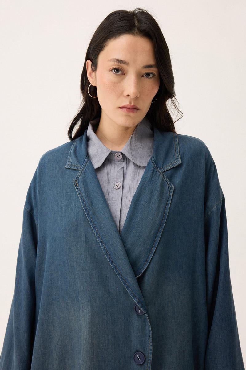 Kruvaze Düğmeli Denim Kap Koyu Mavi 