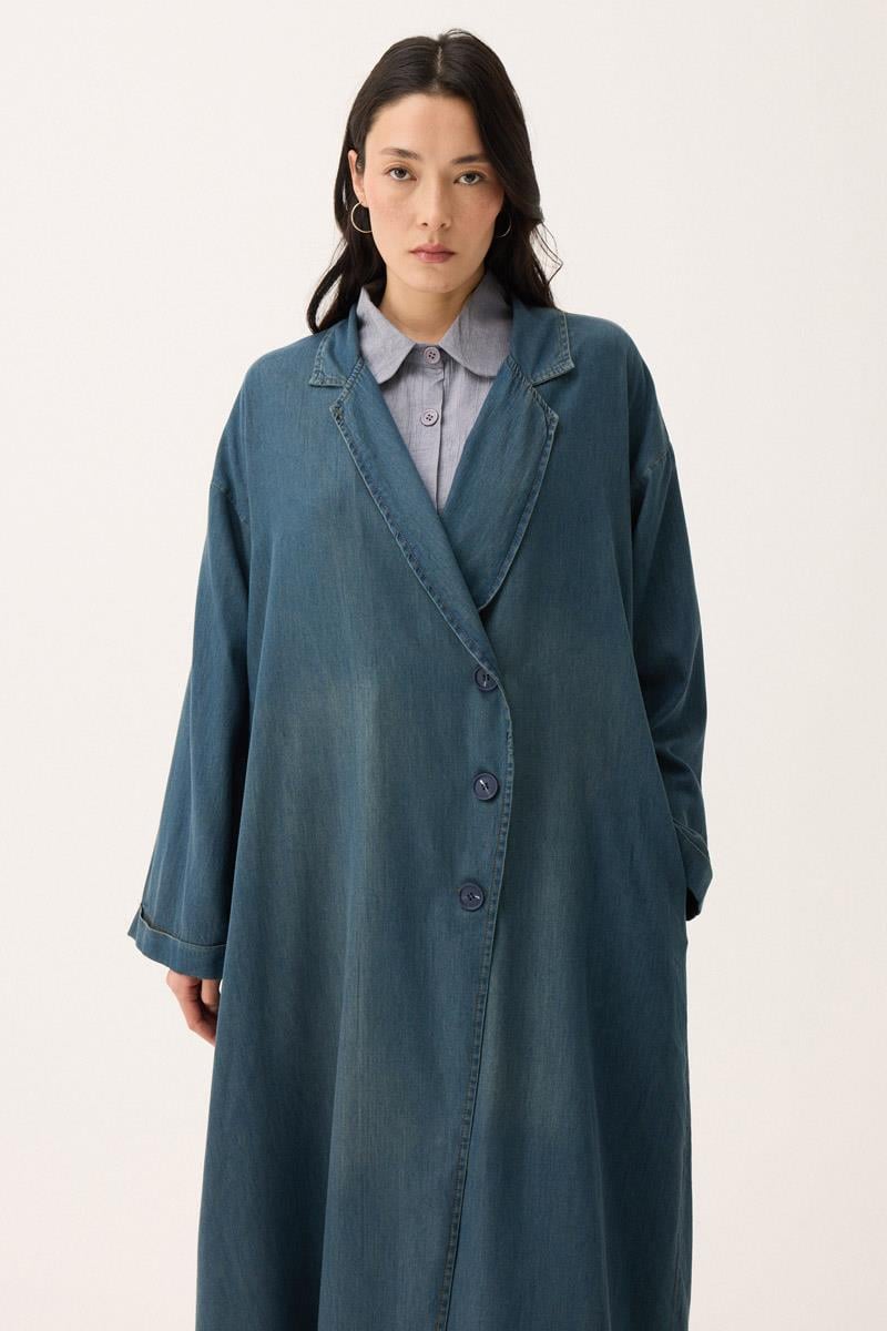 Kruvaze Düğmeli Denim Kap Koyu Mavi 