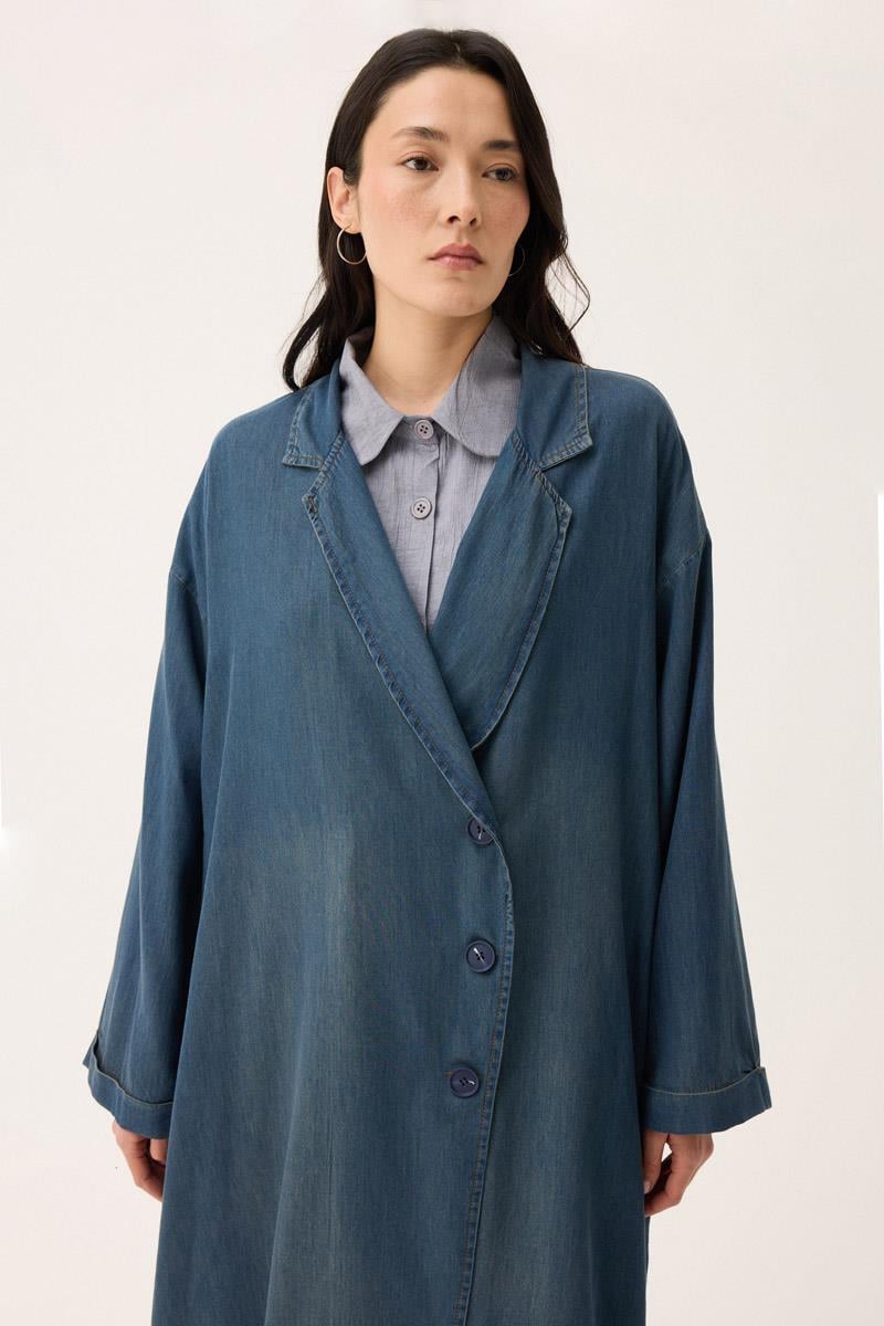 Kruvaze Düğmeli Denim Kap Koyu Mavi 