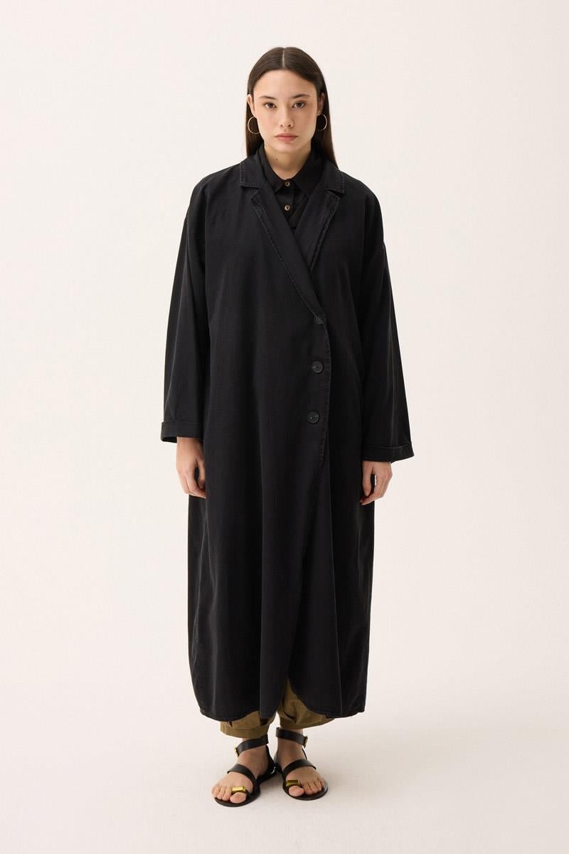 Kruvaze Düğmeli Denim Kap Siyah