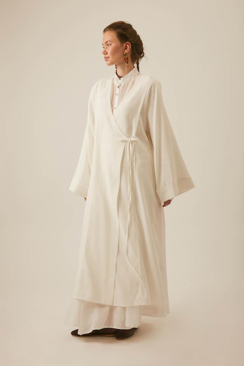 Kruvaze Keten Kimono Beyaz