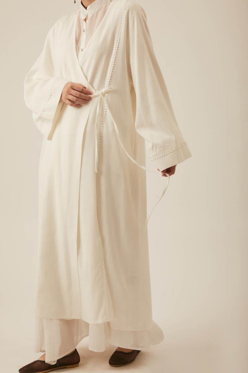Kruvaze Keten Kimono Beyaz