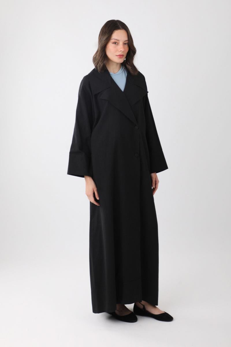 Kruvaze Keten Trenç Siyah