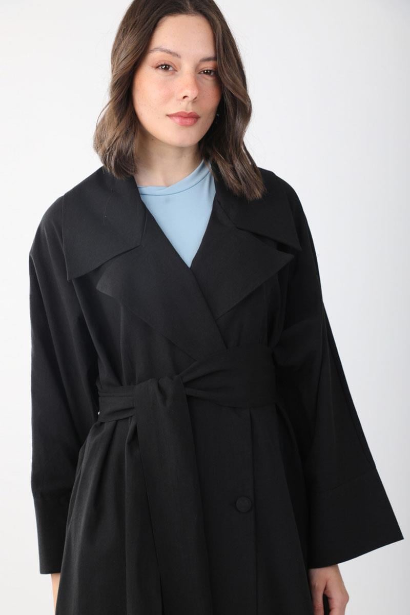 Kruvaze Keten Trenç Siyah