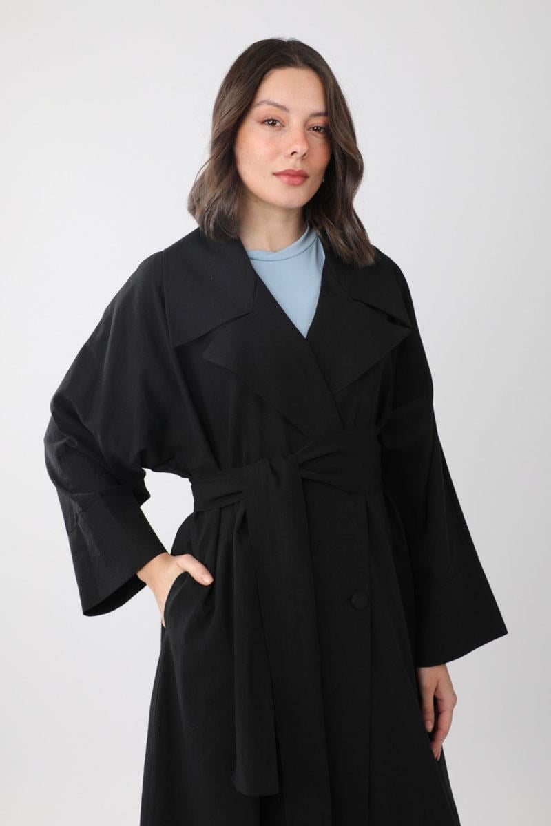 Kruvaze Keten Trenç Siyah