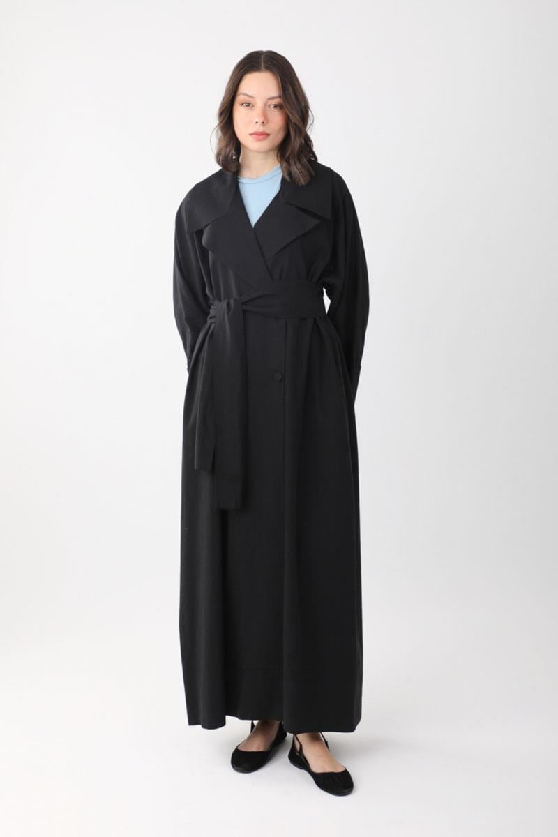 Kruvaze Keten Trenç Siyah