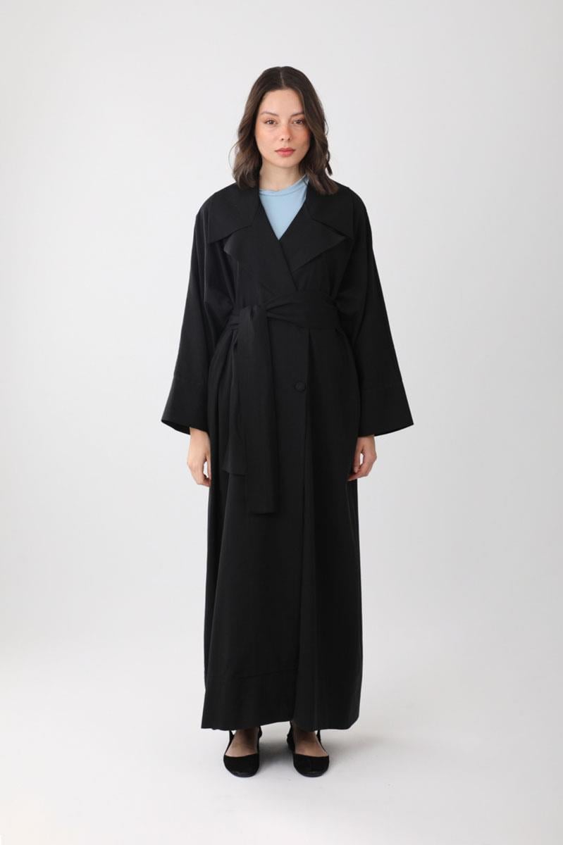 Kruvaze Keten Trenç Siyah