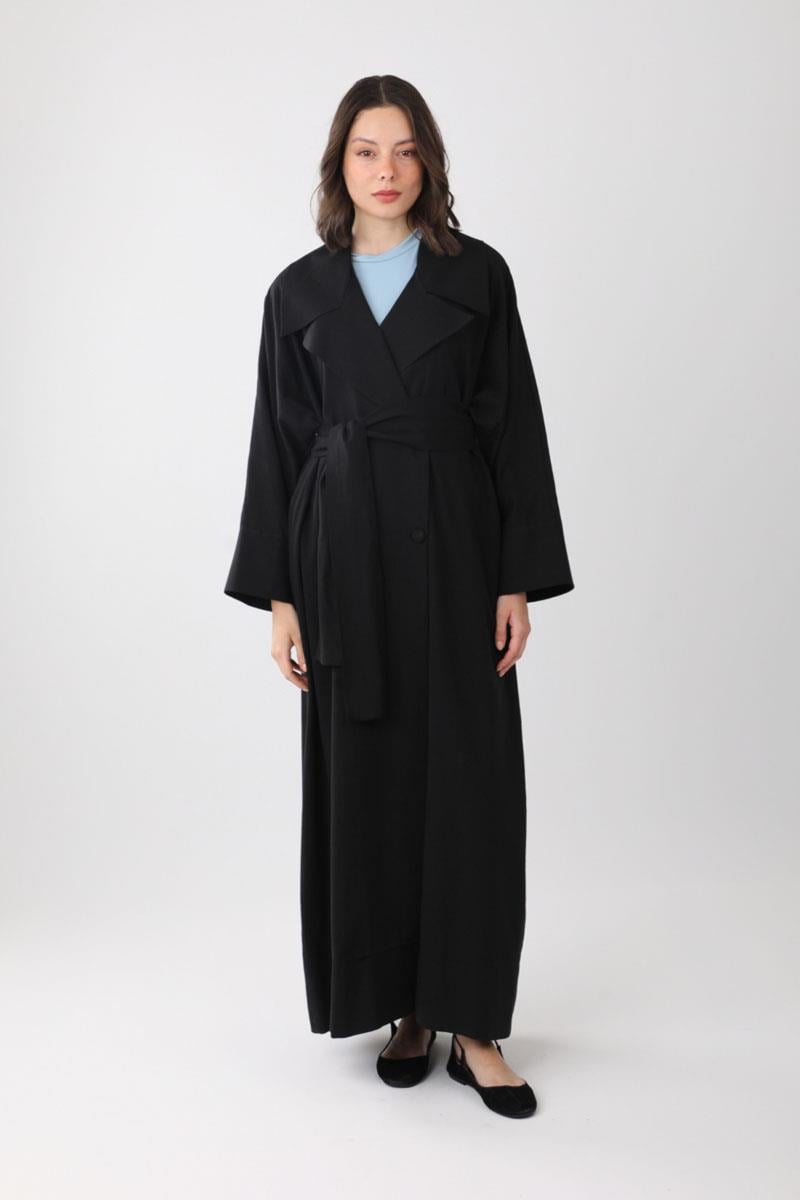 Kruvaze Keten Trenç Siyah