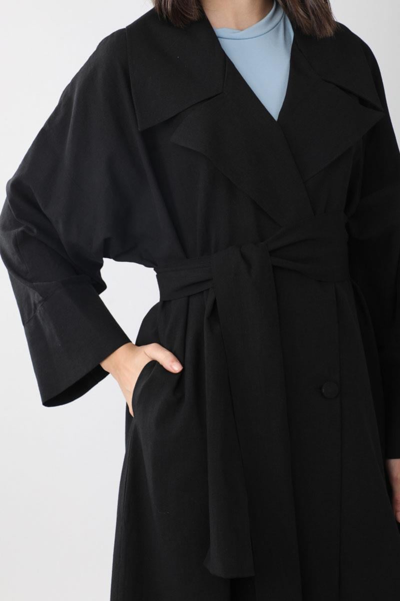 Kruvaze Keten Trenç Siyah