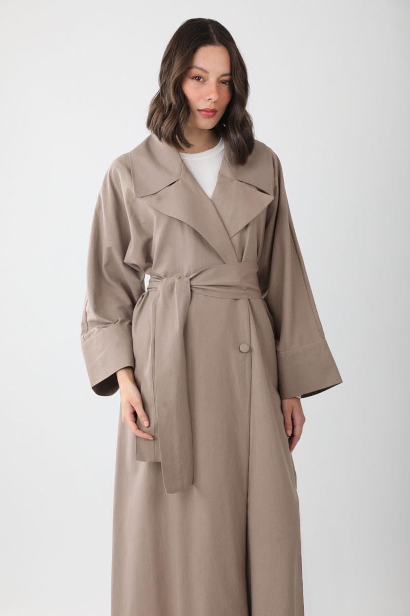 Kruvaze Keten Trenç Vizon