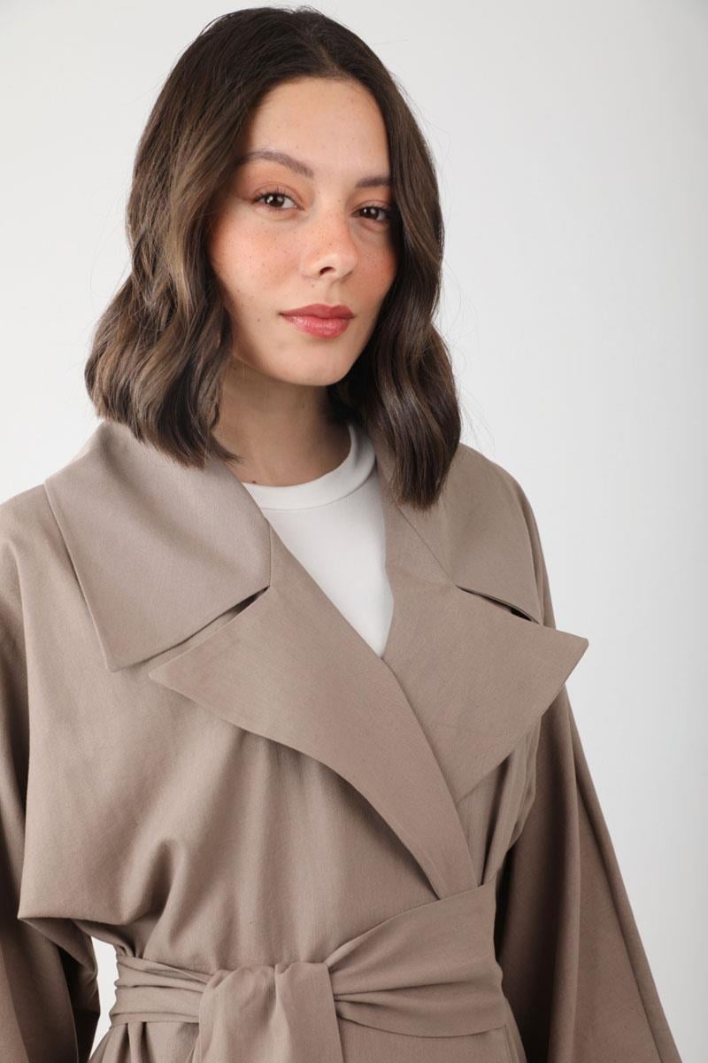 Kruvaze Keten Trenç Vizon